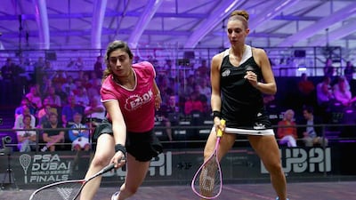 Nour El Sherbini of Egypt competes against Camille Serme of France during day three of the PSA Dubai World Series Finals 2016 at Burj Park. Francois Nel / Getty Images