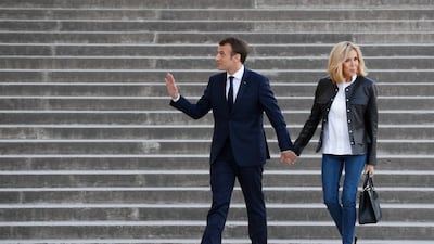 Brigitte, wearing jeans, a white shirt and a black leather jacket, on April 15, 2018. AFP