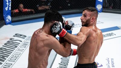 Ali Taleb lands one on Mohamed El Mesbahi in the UAE Warriors 19 Arabia 3 at the Jiu-Jitsu Arena. Courtesy UAE Warriors