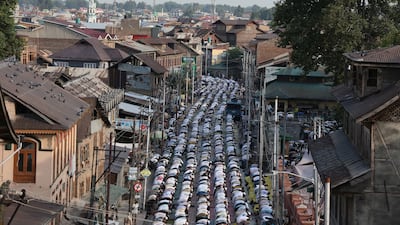 Devotees offer prayers at the shrine of Sufi saint Naqshband Sahib in Srinagar in the disputed Kashmir region. EPA