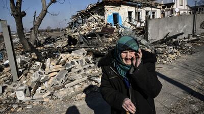 A resident of the village of Krasylivka after Russian bombardment, part of Moscow's effort to move on Kyiv. AFP