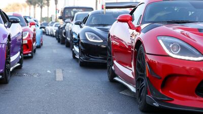 Supercars in procession around JLT and JBR. Khushnum Bhandari / The National