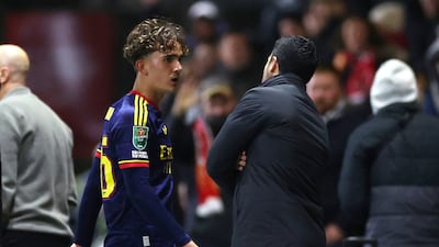 Arsenal boss Mikel Arteta lectures Max Dowman after the Arsenal youngster was sent off against Fleetwood. Getty Images
