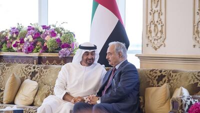 Sheikh Mohammed bin Zayed Al Nahyan, Crown Prince of Abu Dhabi and Deputy Supreme Commander of the UAE Armed Forces met with Field Marshal Khalifa Haftar, commander of the Libyan National Army, in Abu Dhabi on April 10, 2017. Rashed Al Mansoori / Crown Prince Court - Abu Dhabi