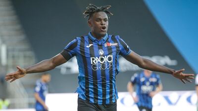Atalanta's Duvan Zapata celebrates after scoring his side's fourth goal. AP