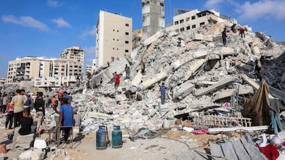 The remains of the Al Sousi tower in Gaza after Israel destroyed it in an air strike on Saturday. AFP