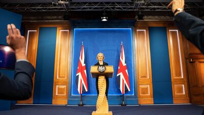 UK Prime Minister Liz Truss takes questions at a press conference in 10 Downing Street after sacking Kwasi Kwarteng as chancellor. Getty.