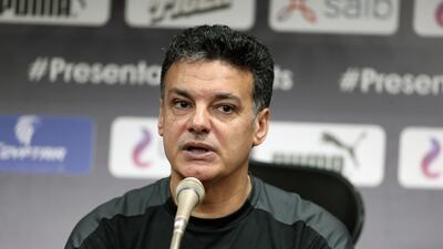 Egypt coach Ehab Galal speaking on the eve of a match against Guinea in Cairo.
