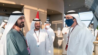 Sheikh Mohammed bin Rashid, Vice President and Ruler of Dubai, Sheikh Abdullah bin Zayed, Minister of Foreign Affairs and International Co-operation, and Sheikh Hamdan bin Zayed, Ruler’s Representative in Al Dhafra Region, at the grand prix. Photo: Abdulla Al Junaibi / Ministry of Presidential Affairs