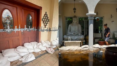 Rubesh Pillai's home now with his flood defences and during the record rain in April 2024. Photo: Rubesh Pillai / Antonie Robertson / The National