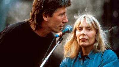 Roger Waters, of Pink Floyd, and Joni Mitchell during a soundcheck for The Wall Concert, Berlin, in July 1990.