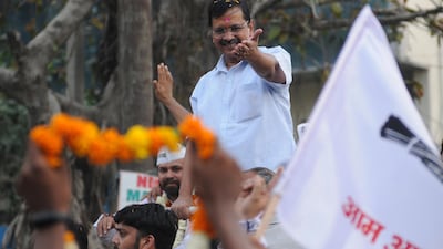 Aam Aadmi Party chief and Delhi Chief minister Arvind Kejriwal (C), gestures during an election campaign road show in New Delhi, India, 01 May 2019. Voting for the Parliamentary elections in Delhi will be held in a single phase on 12 May 2019. EPA
