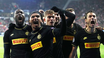 INter Milan striker Romelu Lukaku, left, celebrates with teammates after scoring against Slavia Prague. EPA