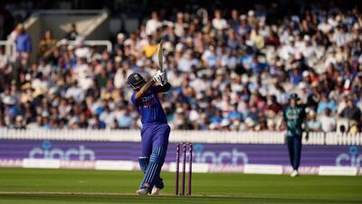 India's Suryakumar Yadav hits a six during on his way to a 27. AP