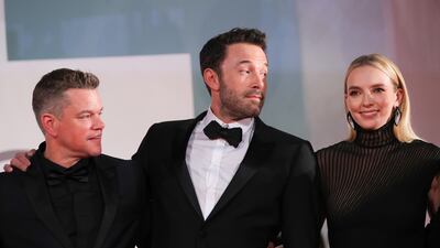 Actor Matt Damon with friend and fellow actor Ben Affleck and actress Jodie Comer at a red carpet event for The Last Duel during the 78th Venice International Film Festival on September 10, 2021 in Venice, Italy. Getty