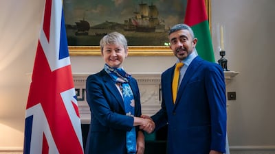 Sheikh Abdullah bin Zayed with Yvette Cooper in London. Photo: Wam