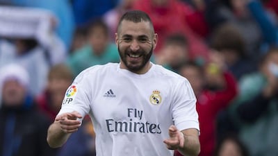 Karim Benzema (L) of Real Madrid CF celebrates scoring their opening goal during the La Liga match between Getafe CF and Real Madrid CF at Coliseum Alfonso Perez on April 16, 2016 in Getafe, Spain. (Photo by Gonzalo Arroyo Moreno/Getty Images)