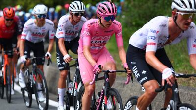 UAE Team Emirates' Slovenian rider Tadej Pogacar rides in the pack near Sestri Levante. AFP