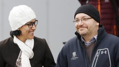 American-Iranian journalist Jason Rezaian and his wife Yeganeh Salehi pose for the media in front of the Landstuhl Regional Medical Centre in Landstuhl, Germany, on January 20, 2016. Michael Probst/AP Photo