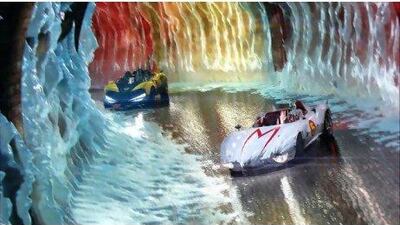 Emile Hirsch, right, as Speed Racer, driving the Mach 5, followed by Matthew Fox as Racer X in a scene from Speed Racer.