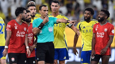 Al Nassr's Cristiano Ronaldo remonstrates with referee Khalid Al Turais. Reuters