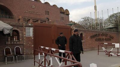 Private guards stand alert outside the Gadaffi cricket stadium in Lahore, Pakistan, on February 14, 2017. The venue is scheduled to host the final of the Pakistan Super League. KM Chaudary / AP