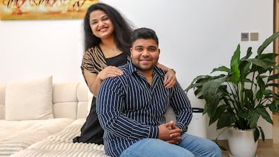 Deejith Haridas and wife, Dr Anshika Chandran, at their home at The Haven by Meraki. All photos: Victor Besa / The National