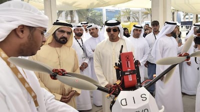 Sheikh Mohammed bin Rashid, Vice President and Ruler of Dubai, and Sheikh Mansour bin Zayed, Deputy Prime Minister and Minister for Presidential Affairs, at the Drones for Good finals. Wam