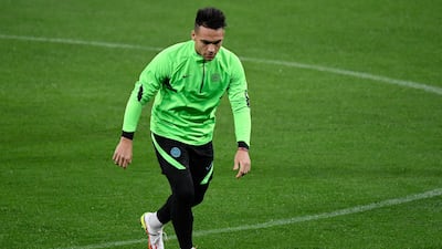 Lautaro Martinez on the ball during a training session in Madrid. AFP