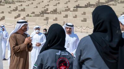 Sheikh Mohamed bin Zayed honours the UAE Mars Mission team responsible for sending the Hope probe to the Red Planet, during a government retreat on Tuesday. Seen with Sheikh Hamdan bin Mohammed. Courtesy: Sheikh Mohamed bin Zayed Twitter