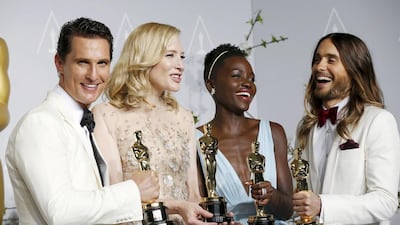 From left to right: Best actor winner Matthew McConaughey, best actress winner Cate Blanchett, best supporting actress winner Lupita Nyong’o and best supporting actor winner Jared Leto pose with their Oscars at the 86th Academy Awards in Hollywood, California March 2, 2014. Mario Anzuoni / Reuters