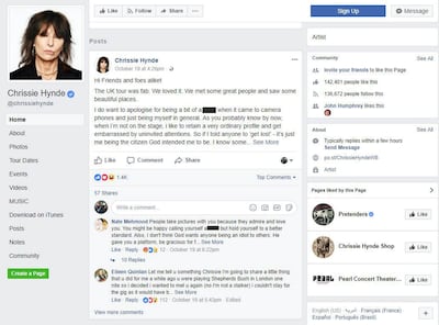 Chrissie Hynde apologises on Facebook about her views on mobile phones during her UK tour, October 19 2017.