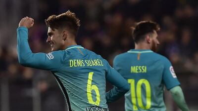 Barcelona midfielder Denis Suarez celebrates scoring the opening goal. Alvaro Barrientos / AP Photo