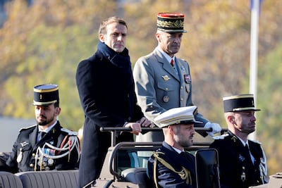 French President Emmanuel Macron during a ceremony in Paris on Armistice Day. Reuters