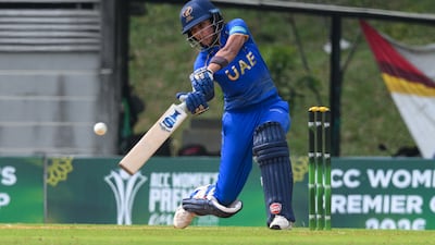UAE captain Esha Oza hits a boundary against Saudi Arabia in the ACC Women's Premier Cup in Malaysia. Photo: ACC