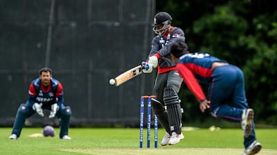 UAE batsman Mohammad Shahzad at the crease during the victory over Nepal. Brendan Moran / ICC / July 7, 2015