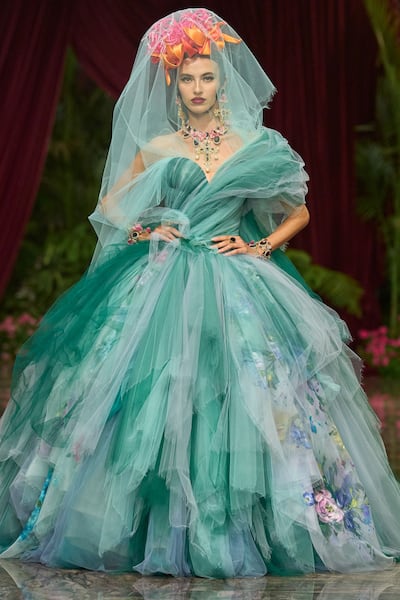 The Alta Moda 2026 show finale was a quartet of grand dresses. Photo: Dolce & Gabbana