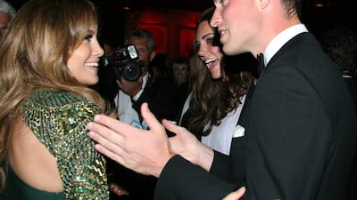 Prince William and Catherine, Duchess of Cambridge, chat with Jennifer Lopez, left, at Bafta's Brits to Watch event in Los Angeles, California on July 9, 2011. AFP