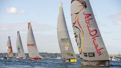Abu Dhabi Ocean Racing’s Azzam and the rest of the Volvo Ocean Race fleet sail out of port at Auckland, New Zealand, on Wednesday morning to start Leg 5 of the race. Chris Cameron / Volvo Ocean Race / March 18, 2015