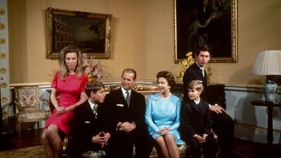 The queen with Princess Anne, Prince Andrew, Prince Philip, Prince Edward and Prince Charles at Buckingham Palace in 1972. Getty