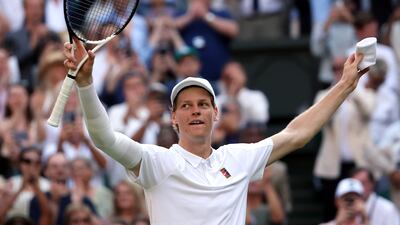 Jannik Sinner celebrates after beating Carlos Alcaraz 4-6, 6-4, 6-4, 6-4. EPA