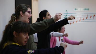 Students sing and perform physical movements in a music class at the Future Centre for Special Needs, Mohammed bin Zayed City, Abu Dhabi. Ravindranath K / The National.