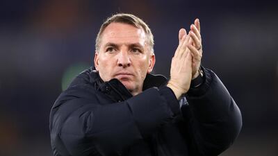 Brendan Rodgers, manager of Leicester City, shows his appreciation to the fans after the match. Getty