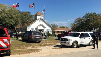 Emergency personnel respond to a fatal shooting at a Baptist church in Sutherland Springs, Texas, Sunday, Nov. 5, 2017. (KSAT via AP)
