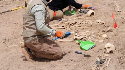 Forensics experts exhume human remains at the site.