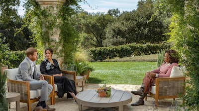 The Duke and Duchess of Sussex in their interview with Oprah Winfrey. AP