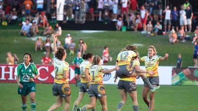 Dubai Hurricanes celebrate at the 2016 Dubai Rugby Sevens. Victor Besa / The National