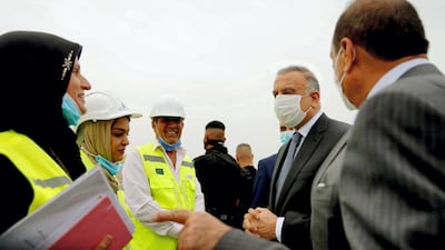 Iraqi Prime Minister Mustafa Al Kadhimi, accompanied by a government delegation, visits Al Faw Grand Port and its breakwater.