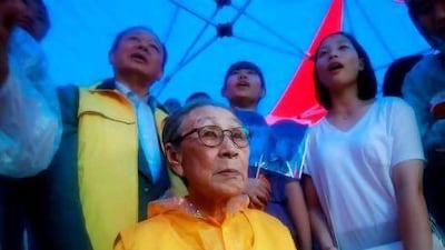 Kim Bok-Dong, 87, a former 'comfort woman' who served as a sex slave for Japanese troops during World War II, attends a rally to mark South Korea’s 67th Independence Day in front of the Japanese embassy in Seoul.