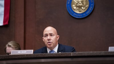 Brian Mast, a Republican congressman from Florida and chairman of the House Foreign Affairs oversight subcommittee, speaks during a meeting in Washington. Bloomberg